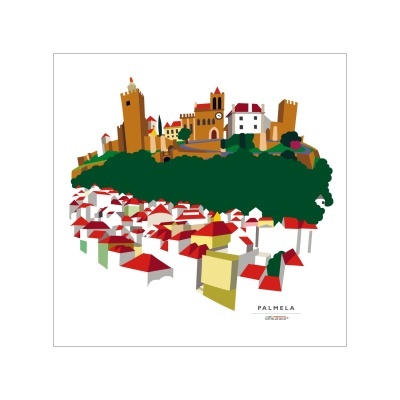 Ilustração estilizada da vila de Palmela com casas, árvores e castelo
