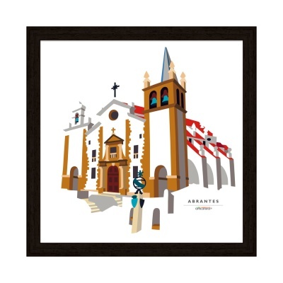 Ilustração de igreja com torre em moldura preta