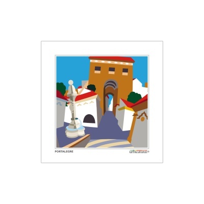 Ilustração gráfica de uma rua histórica em Portalegre com torre e fonte.