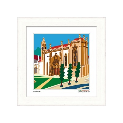 Quadro ilustrativo de igreja em Setúbal com moldura branca