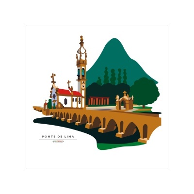 Ilustração de Ponte de Lima com ponte em arcos, igreja e montanha
