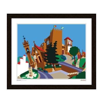 Quadro decorativo com ilustração de edifícios históricos e árvores em cores vivas