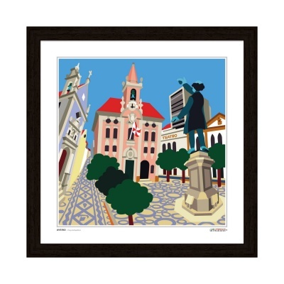 Ilustração digital colorida de praça com estátua e edifícios