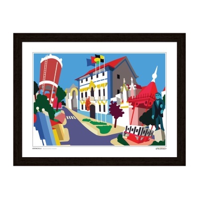 Quadro ilustrativo colorido de arquitetura urbana com moldura preta