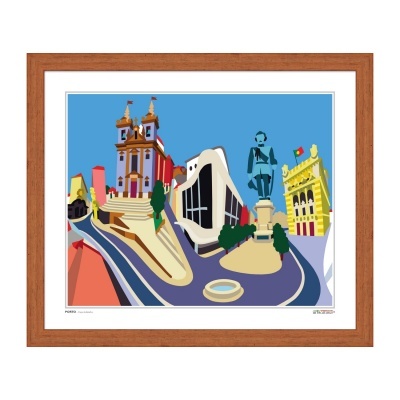 Ilustração colorida do Porto em quadro com moldura de madeira