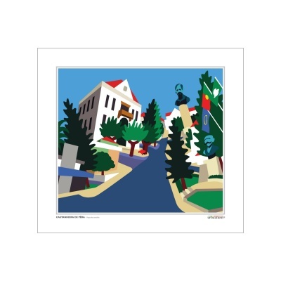 Arte estilizada de uma rua com edifícios e árvores, e bandeiras ao fundo