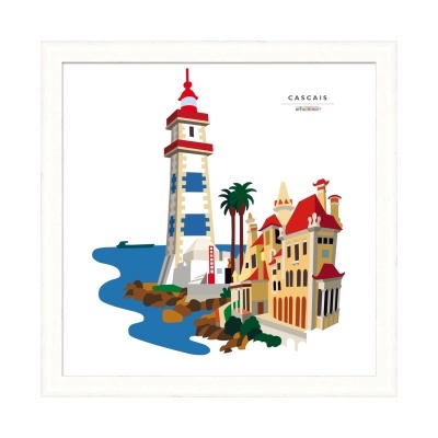 Ilustração colorida do farol e edifícios de Cascais