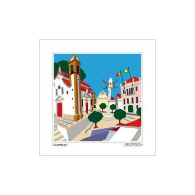 Ilustração de praça com igreja, torre, monumento e bandeiras em Azambuja