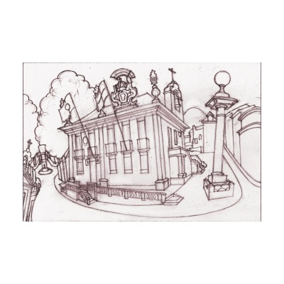 Desenho a lápis de edifício histórico com bandeiras e poste com esfera luminosa