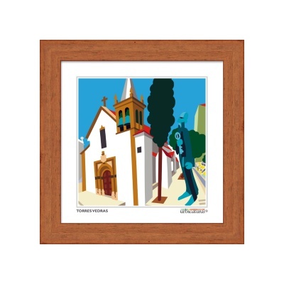 Imagem digital emoldurada de igreja em Torres Vedras com árvores e azul no céu