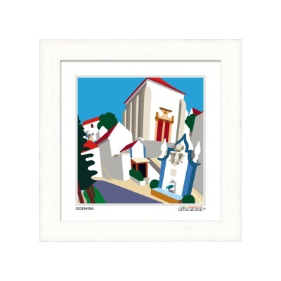 Quadro decorativo com ilustração de edifícios coloridos e moldura branca