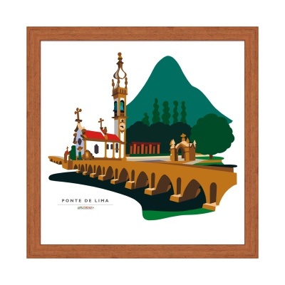Ilustração da Ponte de Lima com ponte de pedra, igrejas e montanha emoldurada em madeira