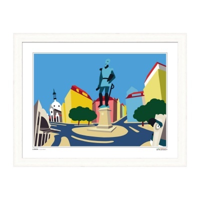 Imagem digital colorida de estatua em praça urbana com edifícios ao redor