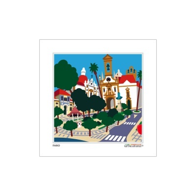 Ilustração colorida de edifícios e árvores em praça de Faro