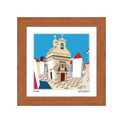 Ilustração digital de igreja em Aveiro com moldura de madeira
