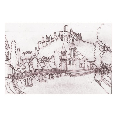 Desenho a lápis de paisagem urbana com ponte, rio, árvores, edifícios e castelo