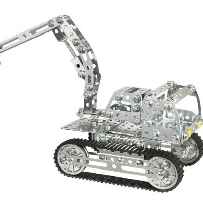 Modelo de escavadora metálica com esteira preta e braço articulado