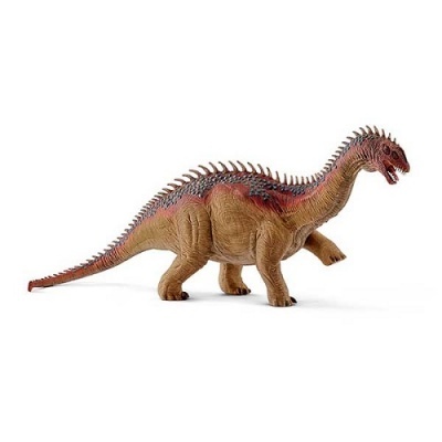 Figura de dinossauro castanha e vermelha com espinhos nas costas