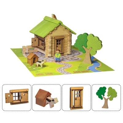 Casa de brincar em madeira com telhado verde e acessórios de madeira como figura humana, cão e árvore