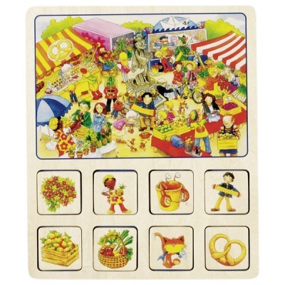 Tabuleiro ilustrado de um mercado com várias personagens e pequenos ícones representando objetos e pessoas.