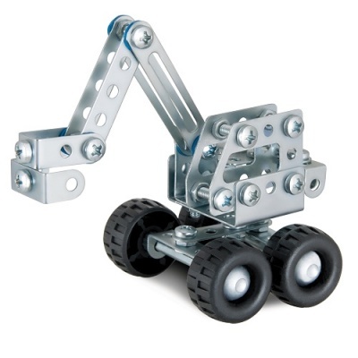 Miniatura de escavadora metálica cinzenta com quatro rodas pretas