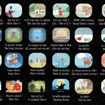 Ícones coloridos de contos e fábulas com texto em francês em fundo escuro