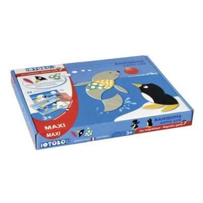 Caixa azul de jogo magnético infantil BANQUISE ARCTIC LIFE com ilustrações de foca e pinguim