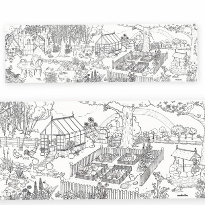 desenho a preto e branco de um jardim com estufa, canteiros e elementos decorativos para colorir