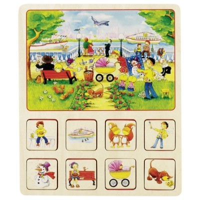 Ilustração de parque com várias pessoas, crianças, carrinho de bebé, flores, cão, barco e avião