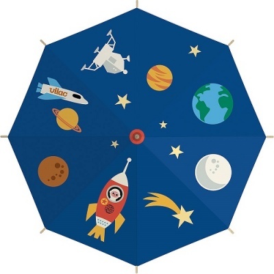 Guarda-chuva azul com desenhos de espaço, planetas, foguete, e estrelas coloridas