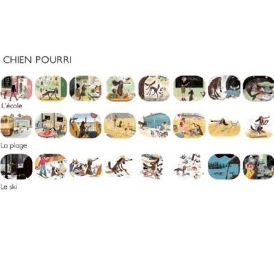 Ilustrações de histórias em quadrinhos com cenas em escola, praia e esqui