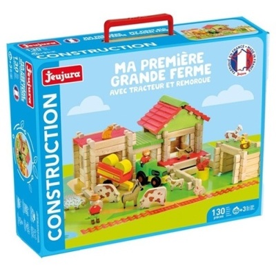 Caixa de construção de brinquedo com imagens de uma quinta e veículos em madeira coloridos.