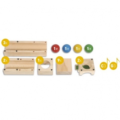 Peças de madeira coloridas e naturais para montagem com símbolos musicais C3 e G3