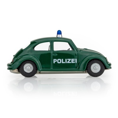 Miniatura de carro polícia verde com texto POLIZEI e luz azul no teto