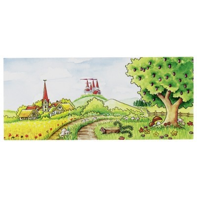 Ilustração colorida de paisagem rural com igreja, casas, castelo e árvore frutífera