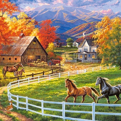 Paisagem rural com cavalos, estábulo, casa e árvores de outono.