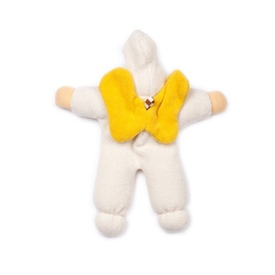 Peluche anjo branco com asas amarelas e capuz