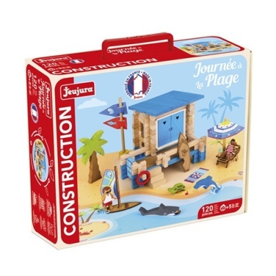 Caixa de brinquedo de construção temática de praia com elementos variados e 120 peças.