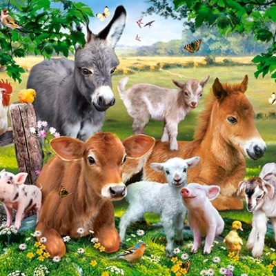 Ilustração de animais de quinta num campo florido