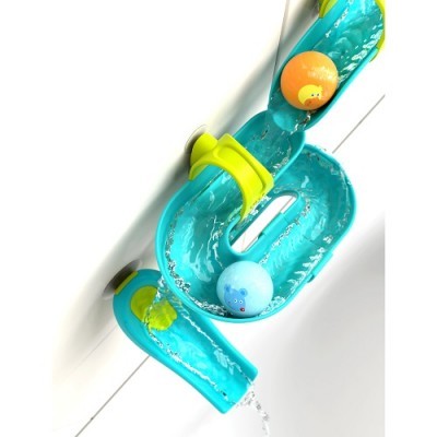 Brinquedo de banho com canais e bolas coloridas fixado à parede
