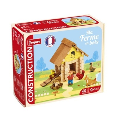 Brinquedo de construção em madeira de uma fazenda com casa, figuras de pessoas e animais na capa da caixa