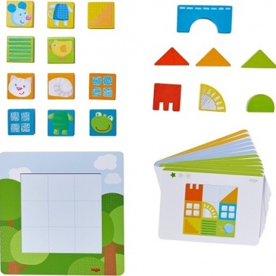 Jogo de madeira colorido com peças de animais, formas e tabuleiro quadrado