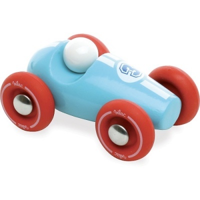 Carrinho de brinquedo azul com rodas vermelhas e número 5