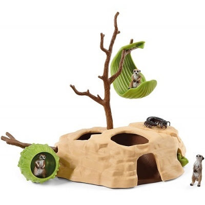 Terrário decorativo para suricatos com figuras e elementos verdes e castanhos