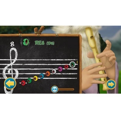 Quadro-negro com notas musicais coloridas e personagem a tocar flauta