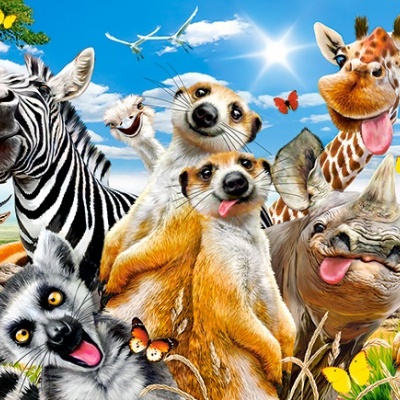 Desenho animado colorido de vários animais da savana com expressões felizes