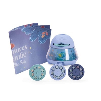 Projetor infantil lilás com discos giratórios e manual azul com flores