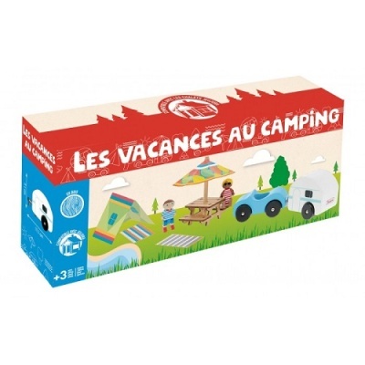Caixa de brinquedo com tema de acampamento e texto LES VACANCES AU CAMPING