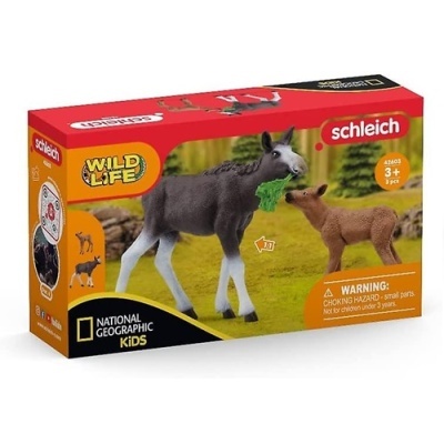 Caixa vermelha e amarela do brinquedo Schleich Wild Life com figuras de alce e cervo
