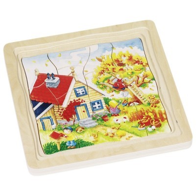 Puzzle infantil de madeira com ilustração colorida de casa e jardim